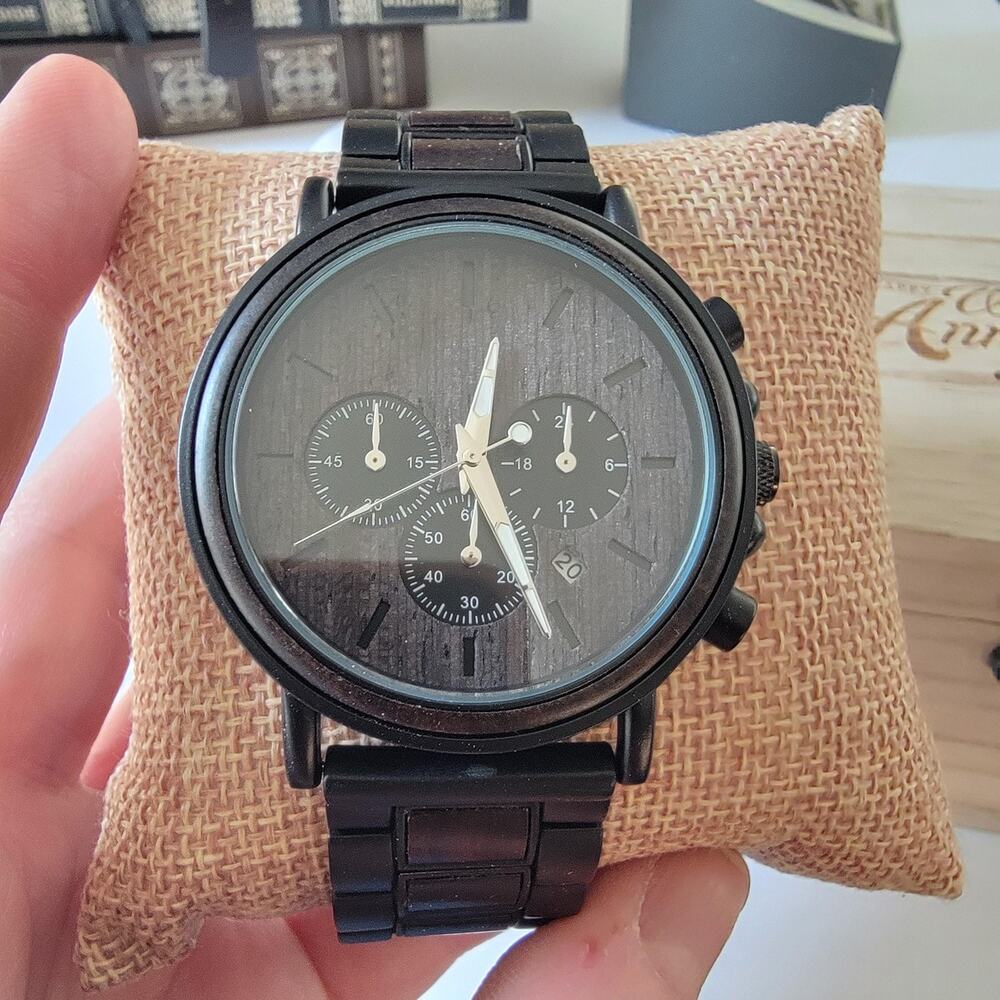 Black Wood Dial Chronograph Watch Men Date Metal Band Anniversary Box Gift